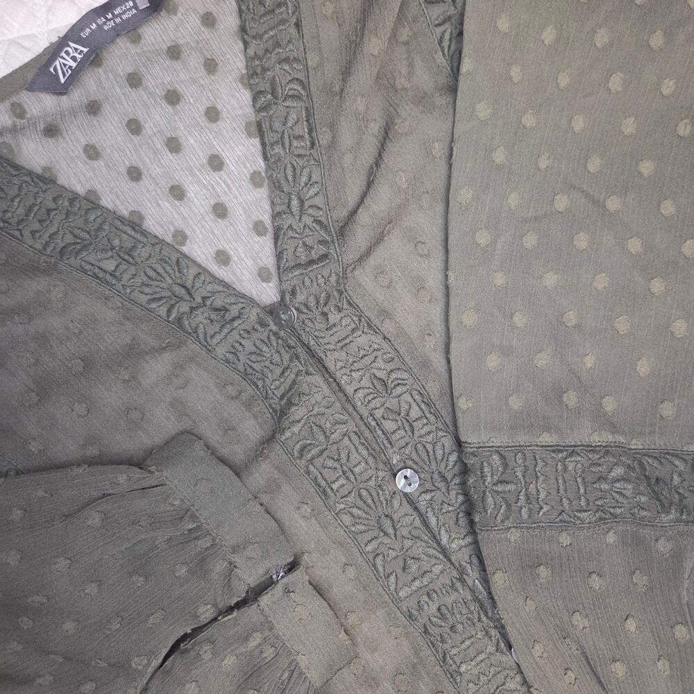 Zara Olive Green Swiss polka Dot Blouse Size Medium Embroidered Boho Top Sheer